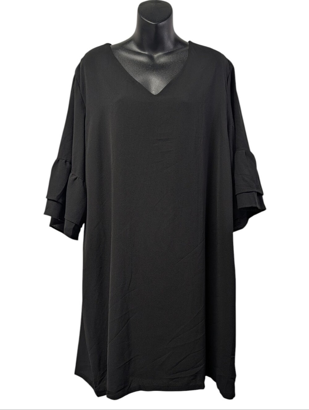 Belongsci Women's Plus Size 3XL Black V-Neck Ruffle Sleeve Shift Dress NWT